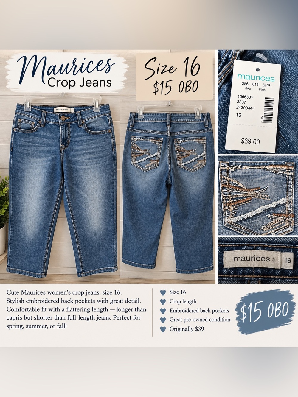 Maurices Medium Blue Cropped Jeans with Embroidered Back Pockets